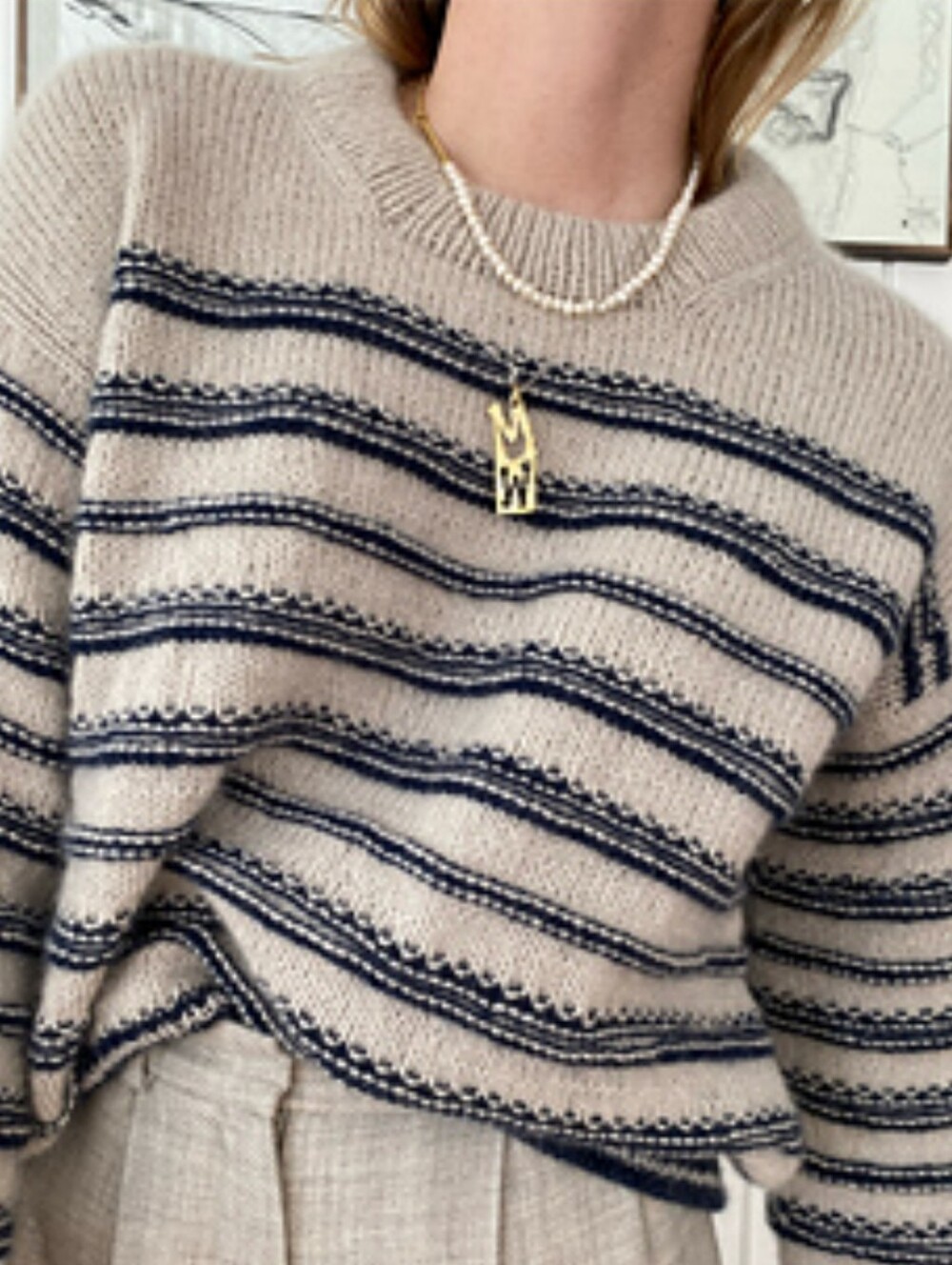 NA-Kd Striped Crewneck Sweater in Oatmeal Black Chunky Fall Knit Wide Sleeve